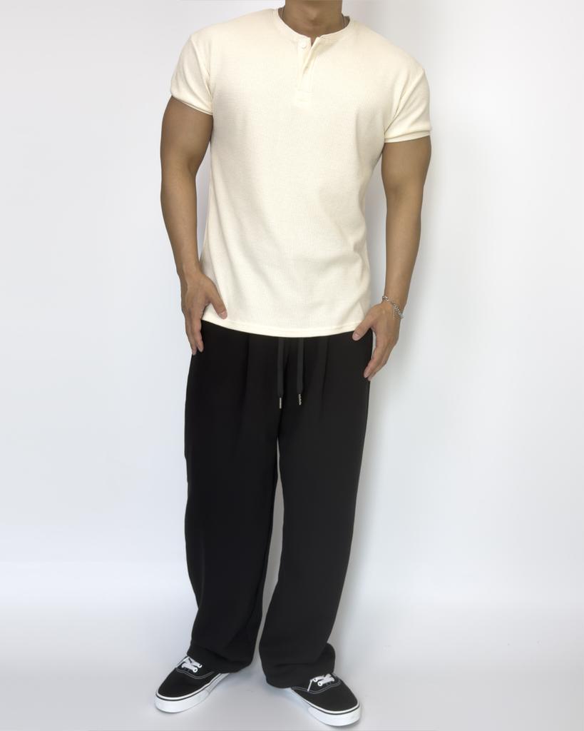 Pasiensia Muscle Fit Waffle Henley Neck Short Sleeve Ivory