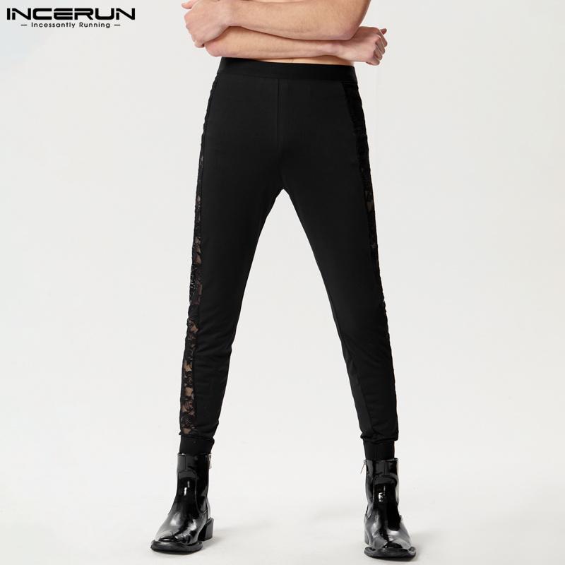 INCERUN Men High Waist Lace Patchwork Skinny Leggings Long Pants Home Wear