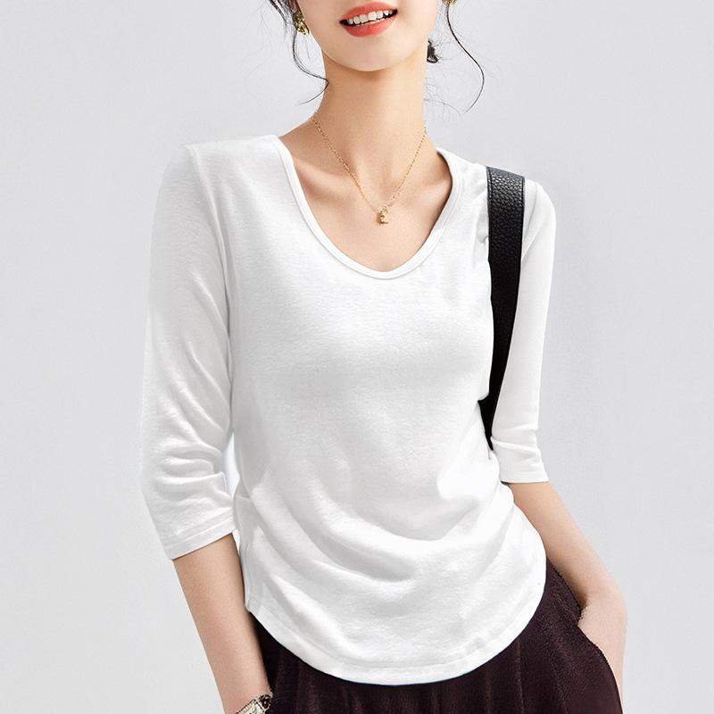 Ankela heart-neck top women's five-quarter sleeve light ripe spring and autumn waist pinch pleated basic bottoming shirt short