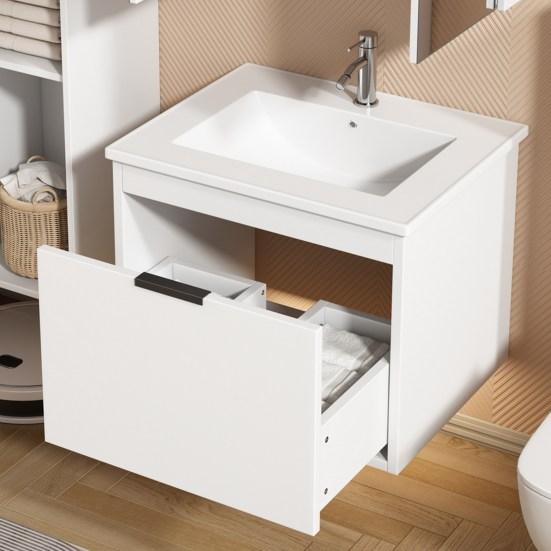 Bathroom Sink Cabinet Ceramic Washbasin Mirror Cabinet Modern White Heavy Duty Easy Assembly Lavatory Wall Mount Basin Vanity Cabinet