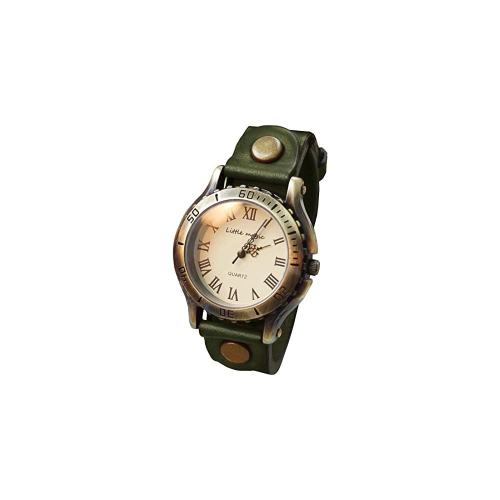 Little Magic Japan Leather Antique Style Watch Green L Size Metal Allergy Friendly for Men and Women