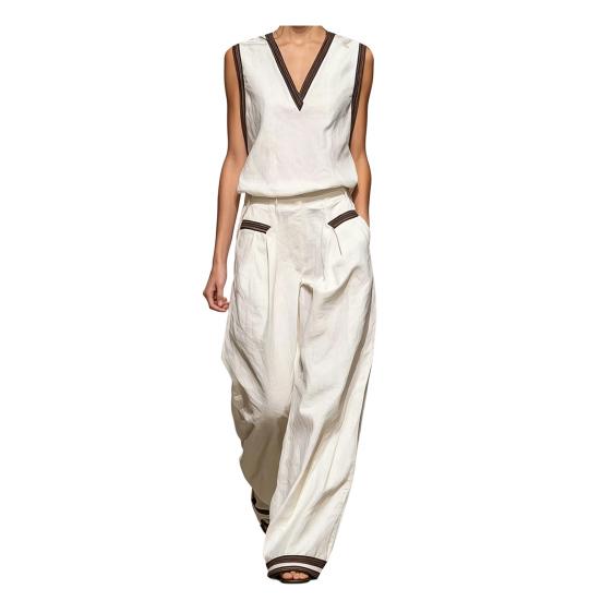 Summer 2 Piece Linen Sets for Women, V Neck Sleeveless Tank Top And Wide Leg Pants Matching Sets, Color Block Lounge Outfits with Pockets S