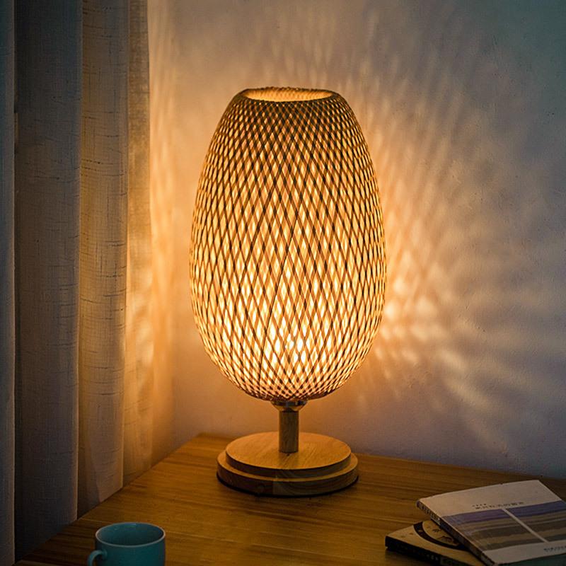 Japanese Wabi-Sabi Style Bamboo Table Lamp Hand Woven E27 Desk Light Simple Creative Design Night Light Bedroom Tea Room Hotel