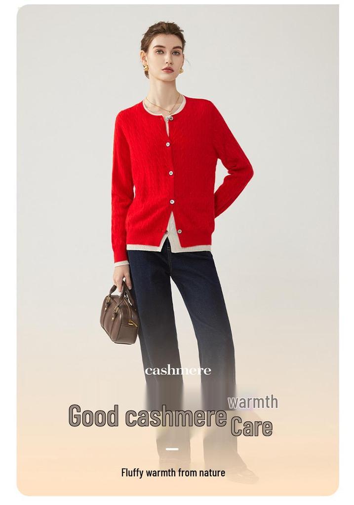 Round Neck Cable Knit Cashmere Color Block Cardigan - 2026 Autumn/Winter Women's Elegant Fake Two-Piece Style.
