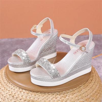 Senhoras Respirável Lantejoulas Elegante Salto Cunha Sandálias Tamanho Grande Fora Streetwear Indoor Outdoor Sapatos Femininos