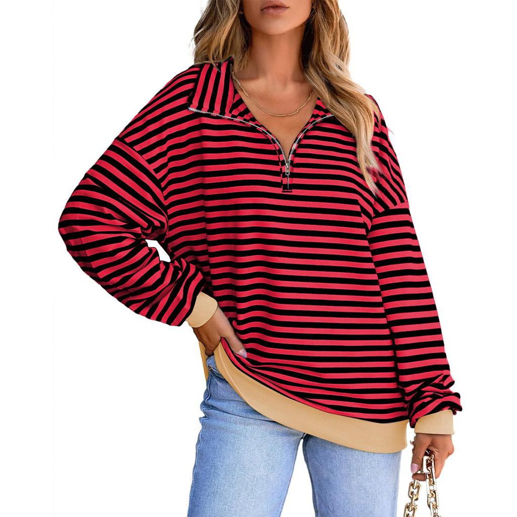 Sweat-shirt à manches longues rayé tendance pour femme, style sport décontracté