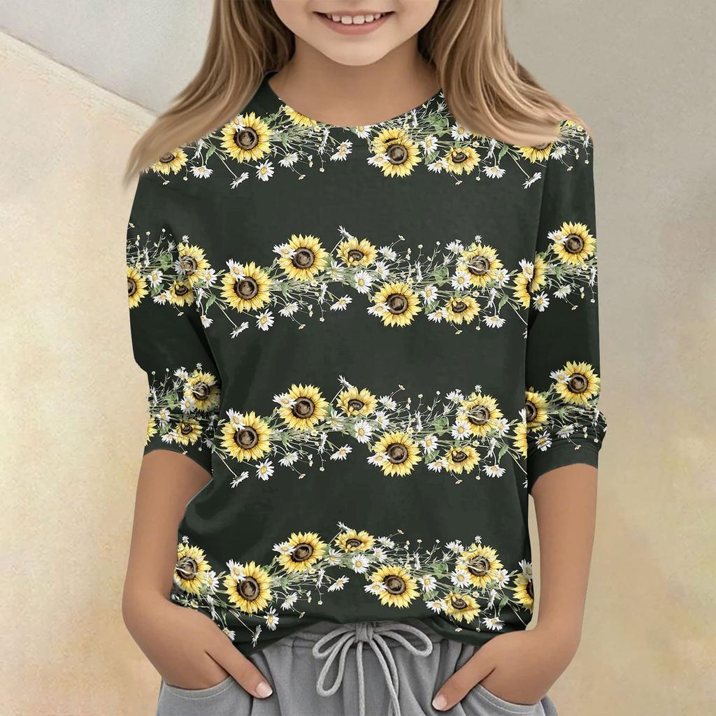 Children's Printed Round Neck Seven Quarter Sleeve Casual T-shirt