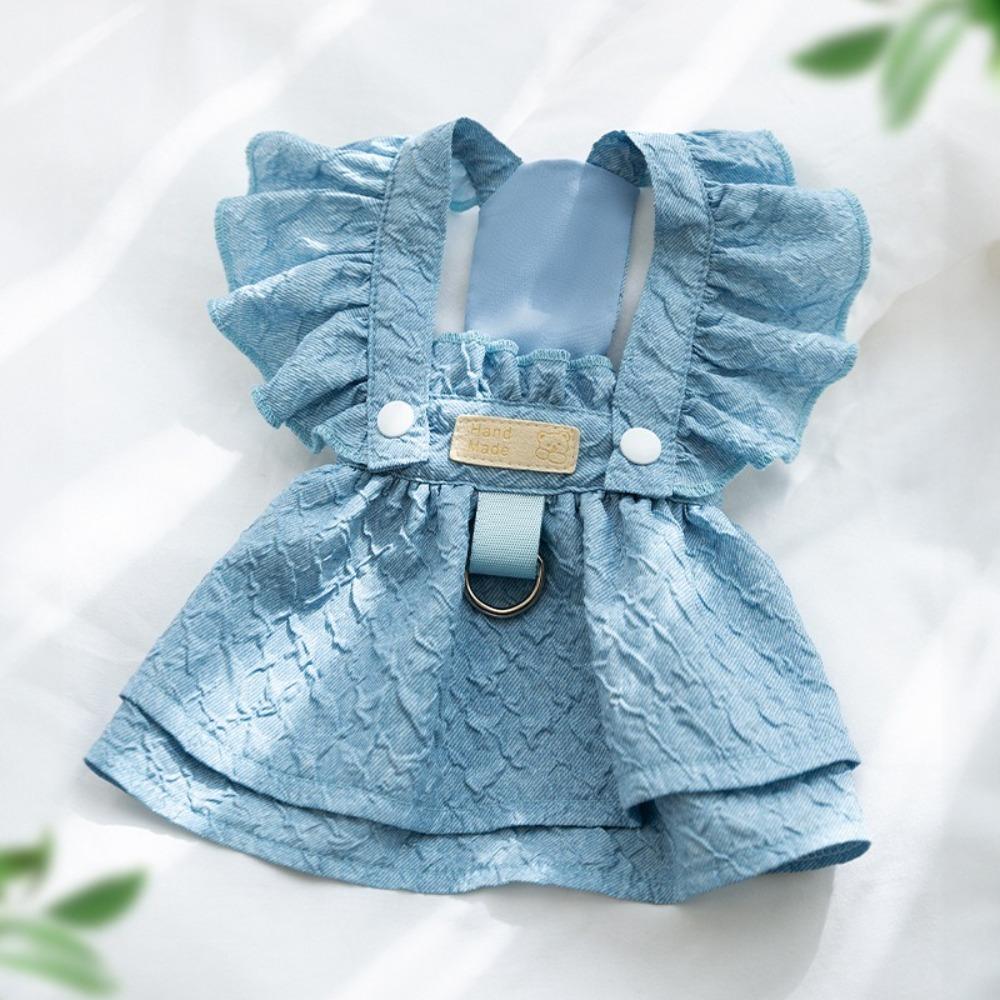 New Denim Dog Dresses Blue Color Flying Sleeves Puppy Girl Clothes with Leash Ring Cute Small Dog Apparel for Chihuahua