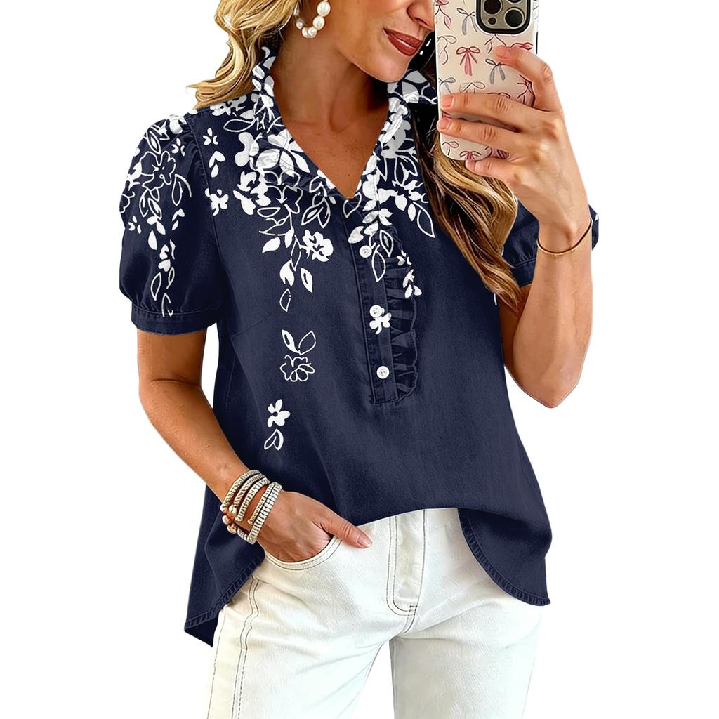 Women's Fashion Casual Ruffle V-Neck Print Blouse for Summer