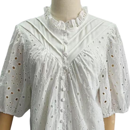 Women Tops V-Neck Puff Short Sleeves Hollow Out Crochet Shirt Solid Color Loose Fit Blouse Outdoor Leisure Wear