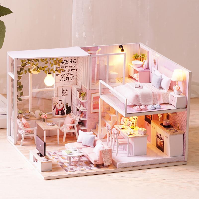 

Wooden Mini Doll House DIY Small Houses Kit Duplex Apartment 3D Puzzle Assembly Building Toy Decoration With Furniture Dollhouse