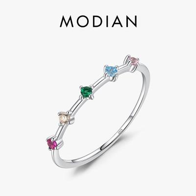 Modian 925 Sterling Silver Rainbow CZ Simulated Diamond Stackable Thin Ring Platinum Plated Bands For Women Wedding Jewelry Gift