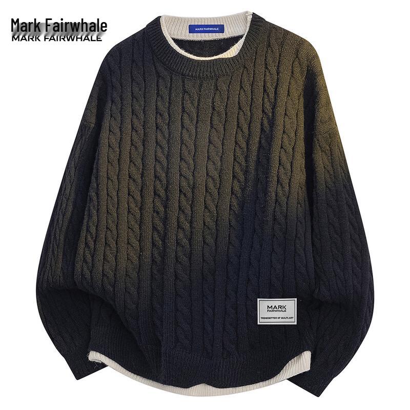 

Mark Fairwhale Men s Faux Two-Piece Cable Knit Round Neck Sweater L