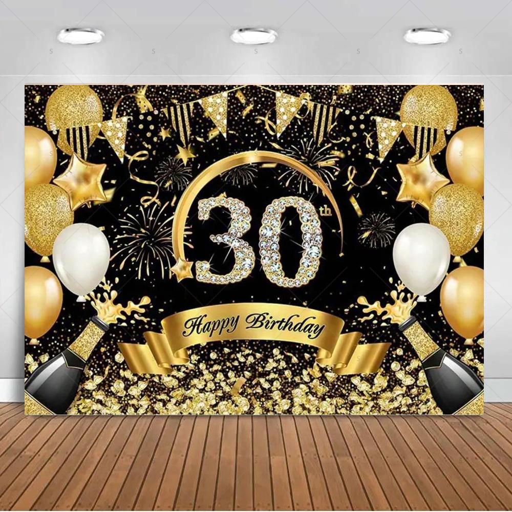 30th Birthday Party Decorations 30 Years Old Backdrop Supplies Black Gold Balloons Glitter Background Banner Photography Props