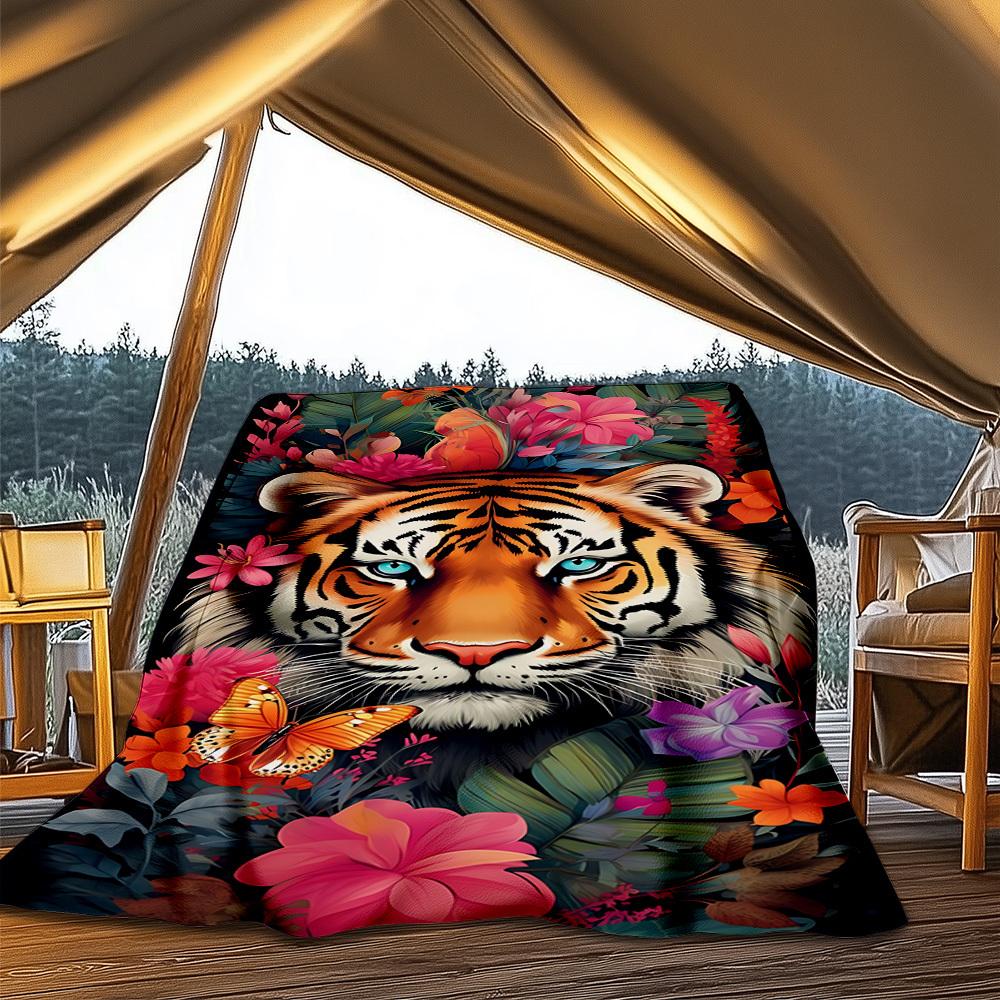 1pc Tiger Floral Print Print Outdoor Blanket, Lightweight Polyester,