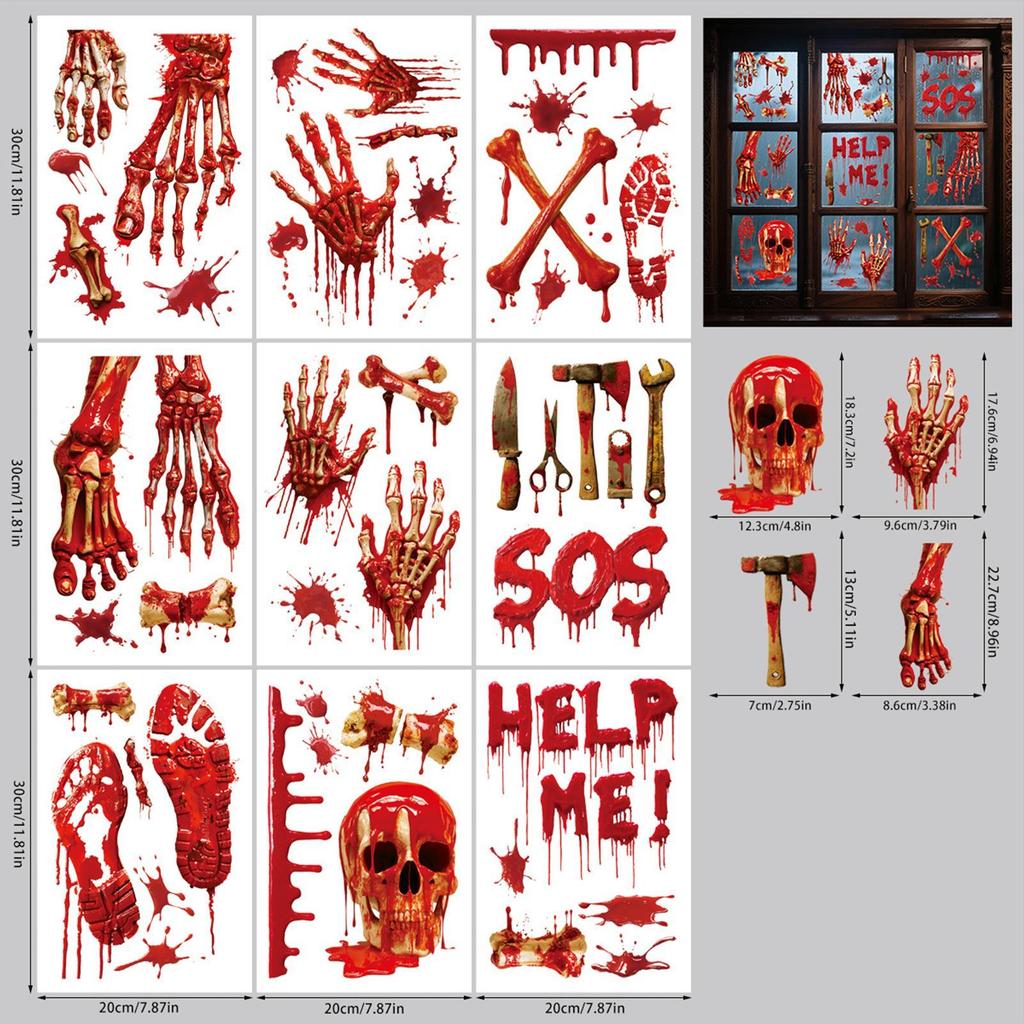 Halloween Clings 3D Spooky Decor Bloody Handprint Footprint Skull Clings for Halloween Party Home Haunted House Apartment