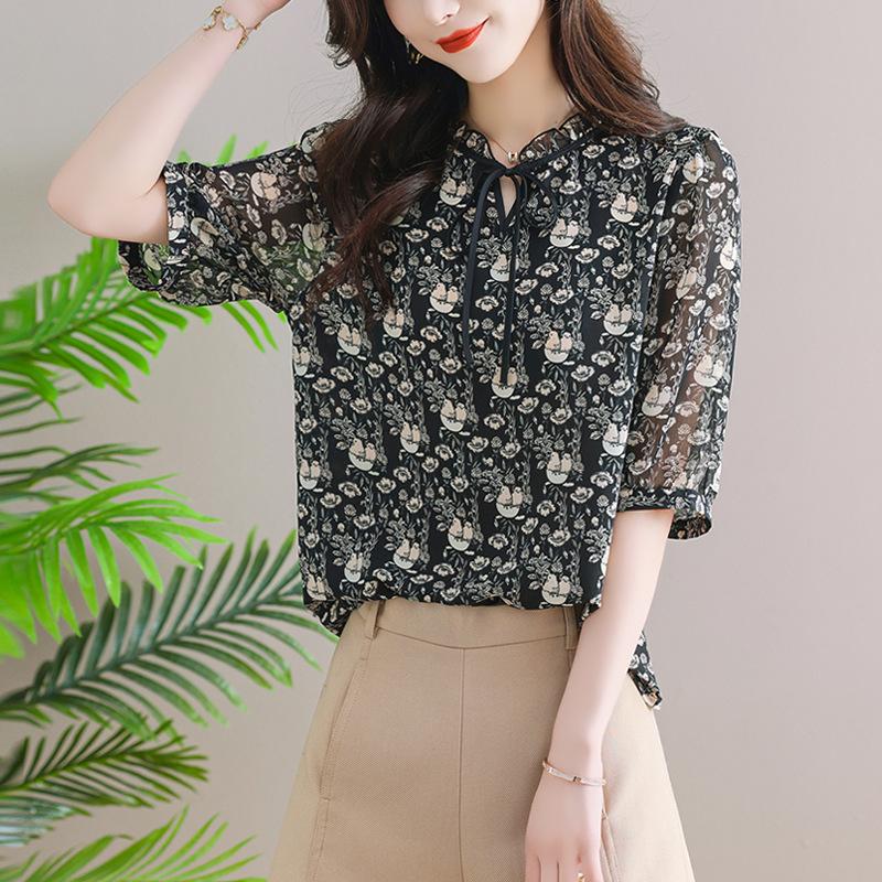 Elegant Temperament Printed Chiffon Blouse for Women Summer Fashion All-match Short Sleeve Shirt Summer Female Clothing