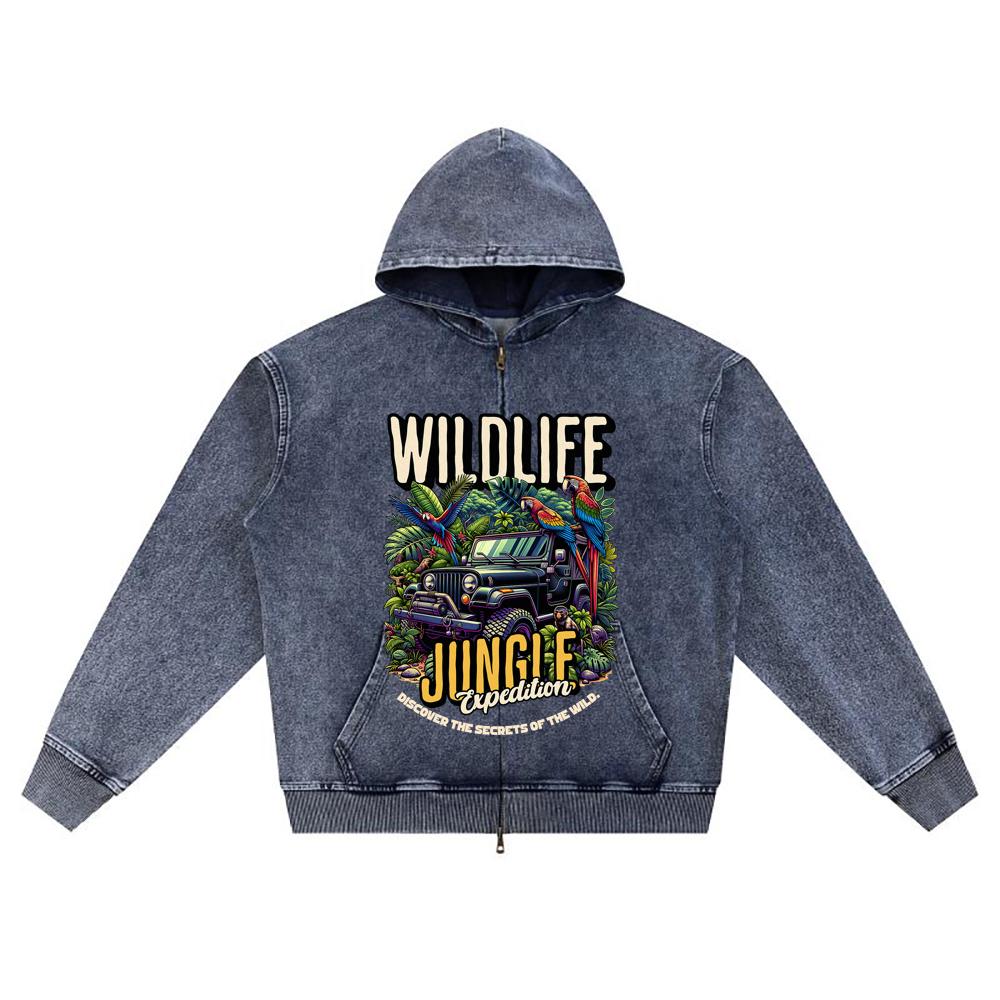 

DTG print Knitted Denim Zip-Up Hoodie Jungle Expedition Brother Print Zipper Hoodies XL темно-синий