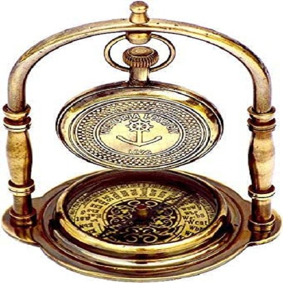 Brass Vintage Victoria London 1876 Desk Clock and Shelf Clock with Compass Victoria Stand Watch