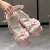 Sweet Cute Bowknots Lolita High Heels Lace Heart Bow Ankle Strap Platform Mary Janes Shoes Women Preppy Style Princess Shoes