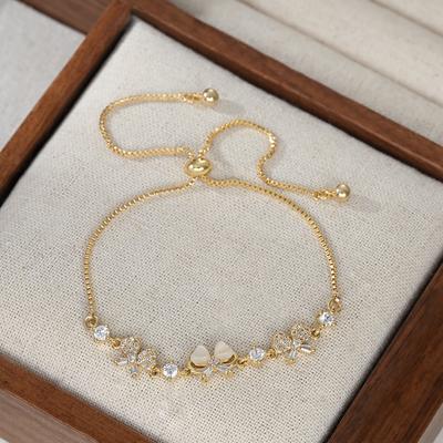Elegant Cat's Eye Stone & Bowknot Charm Bracelet for Women, Adjustable Sliding Crystal Bracelets with CZ, Luxury Jewelry
