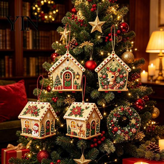 Kreatives Geschenk für Erwachsene DIY Weihnachts-Perlenkunst Malerei Hängender Anhänger Bausatz, 3D Perlen Lebkuchenhaus Dekoration Haus Handgemachte Miniatur