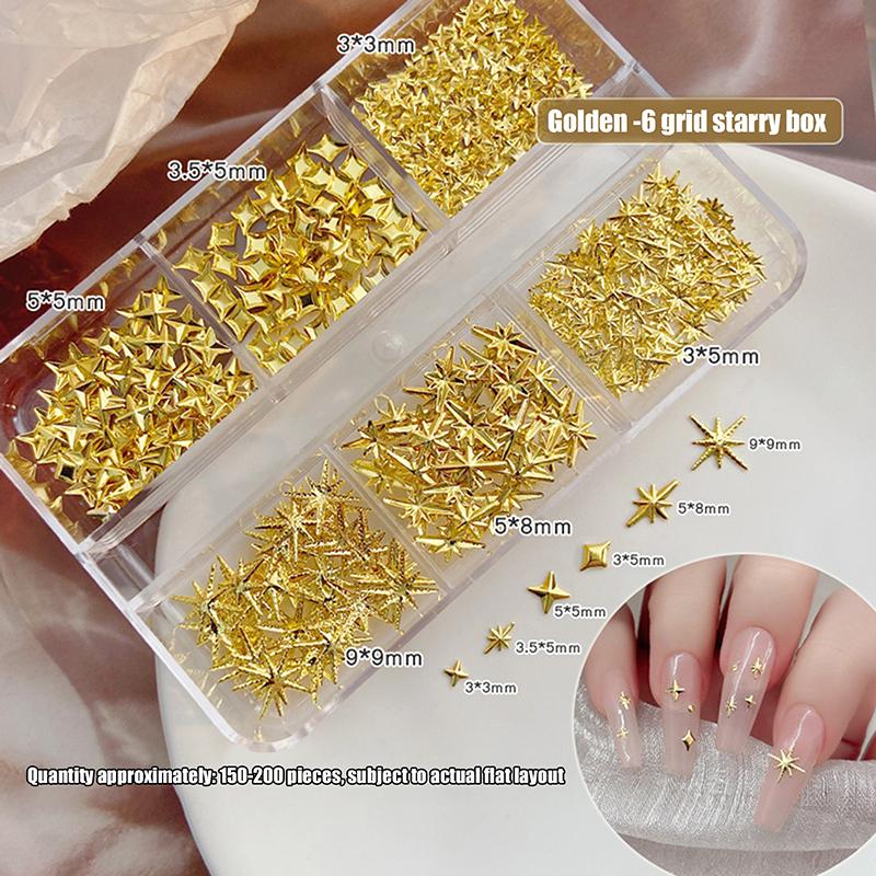 

6 сеток металлик золото серебро нейл-арт декор маникюр шармы плоские стразы звездочки пентаграммы ювелирные аксессуары для ногтей золотой