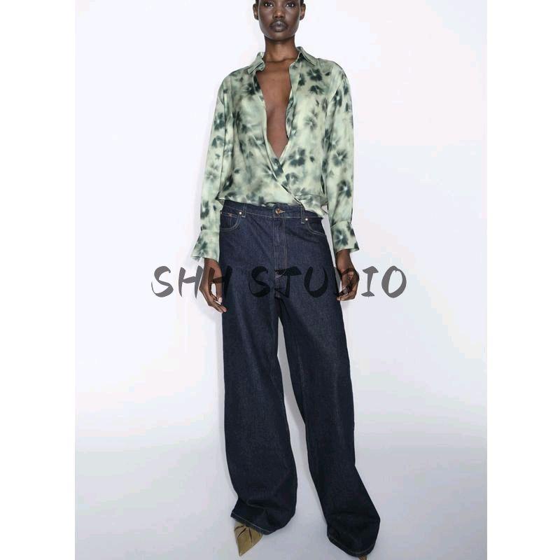 Spring New Women's Clothing Print Silk Satin Texture Long Sleeves Lapel Casual Shirt 2074114 2075114