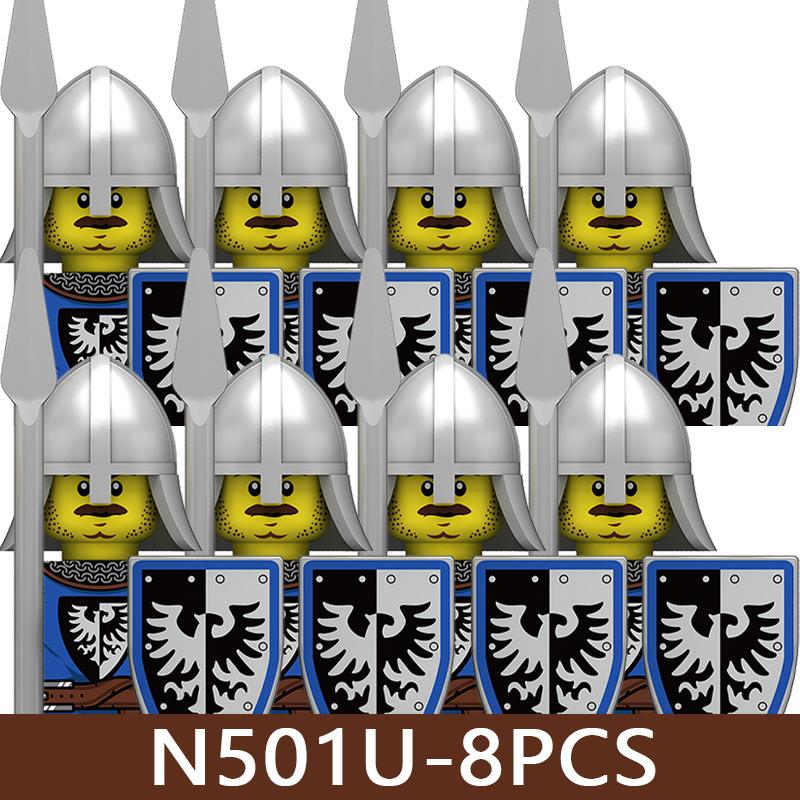Mittelalterliche Burg UV-bedruckte Soldatenfiguren Bausteine Militärischer Ritter Krieger Speer Löwenkönig Schild Zubehör Steine Spielzeug gray