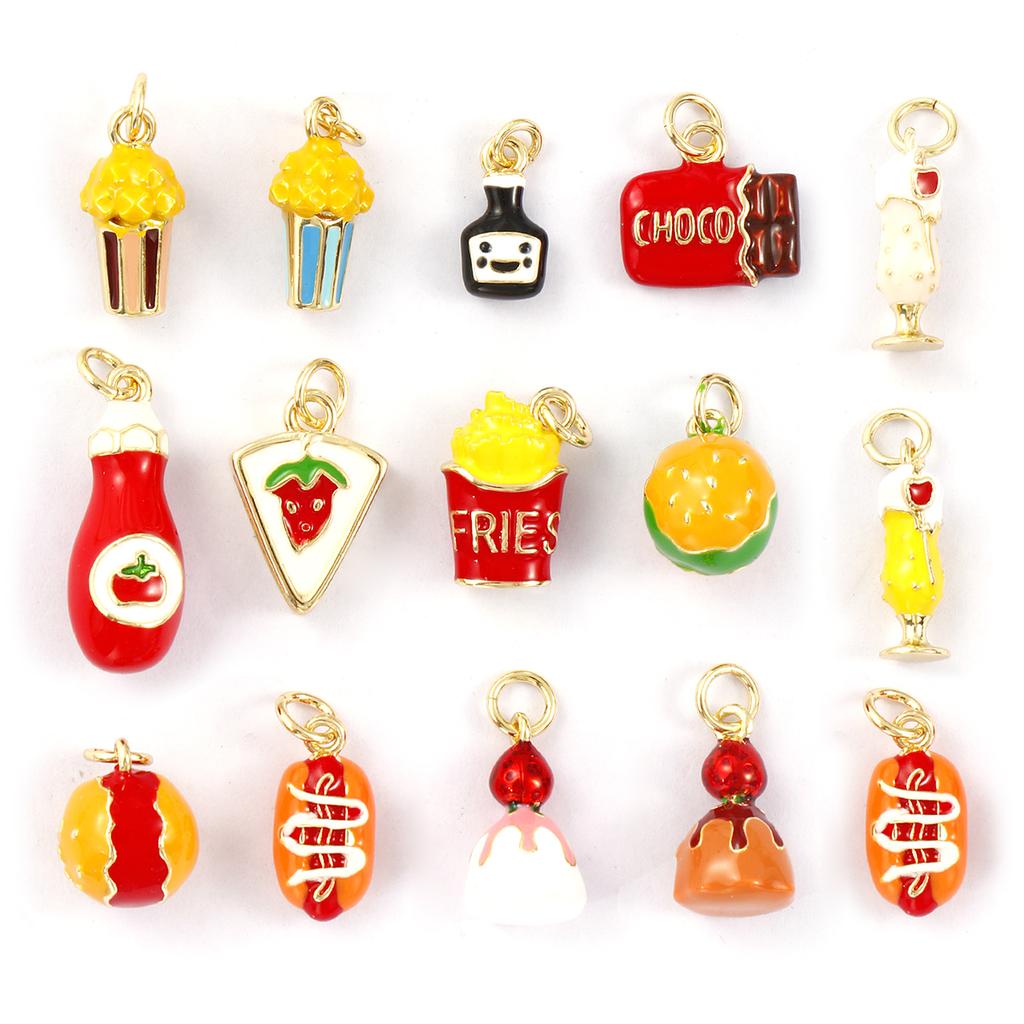 1 Piece Brass Charms 18K Gold Plated Enamel 3d Popcorn Chocolate French Fries Hamburger Pendants For DIY Necklace Jewelry Making