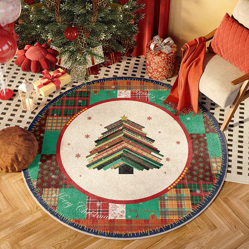 Christmas Circular Carpet For Living Room, Red Color Scheme, Festive Christmas Tree, Cheerful Home Decoration
