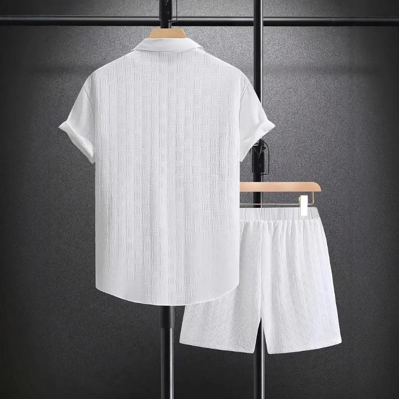 European and American Summer Jacquard Black and White Solid Color Set, Short-sleeved Men's Vacation Casual Style Shirt and Shorts Two-piece Set