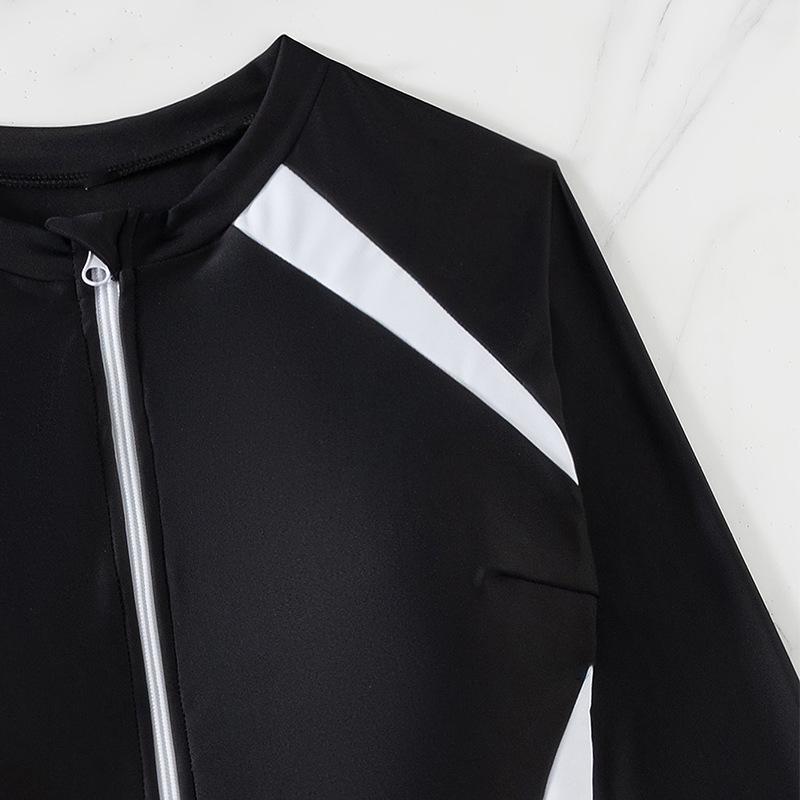 2026 European Slimming Color Block Long Sleeve Sun Protection One-Piece Swimsuit for Women