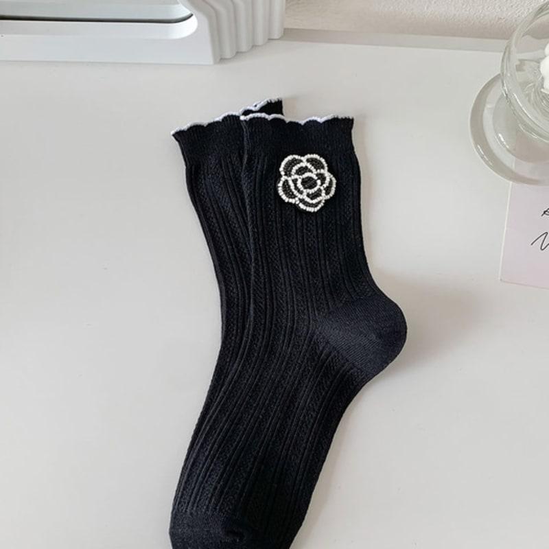 ANGEL SOCKS 1287 Beaded Flower Lace Cotton Socks