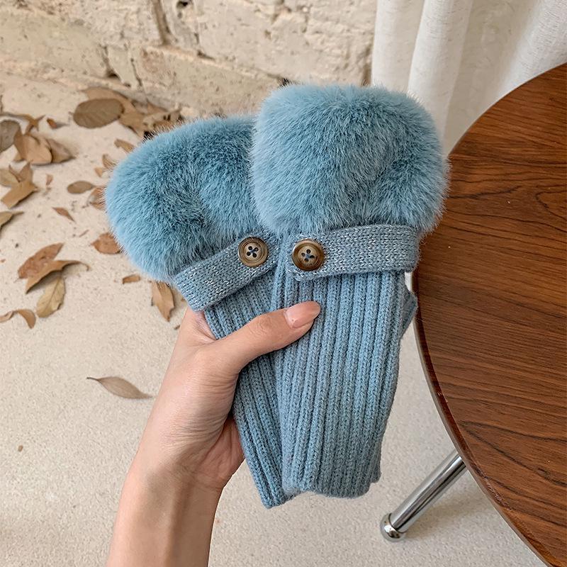 Women's Fluffy Winter Knit Gloves – Touchscreen, Half-Finger, Warm for Cycling