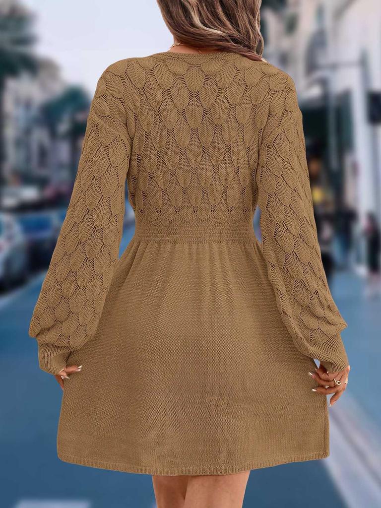 Scale Pattern 3D Knitted Dress New V-Neck Beach Dress A-Line Long Sleeve Dress