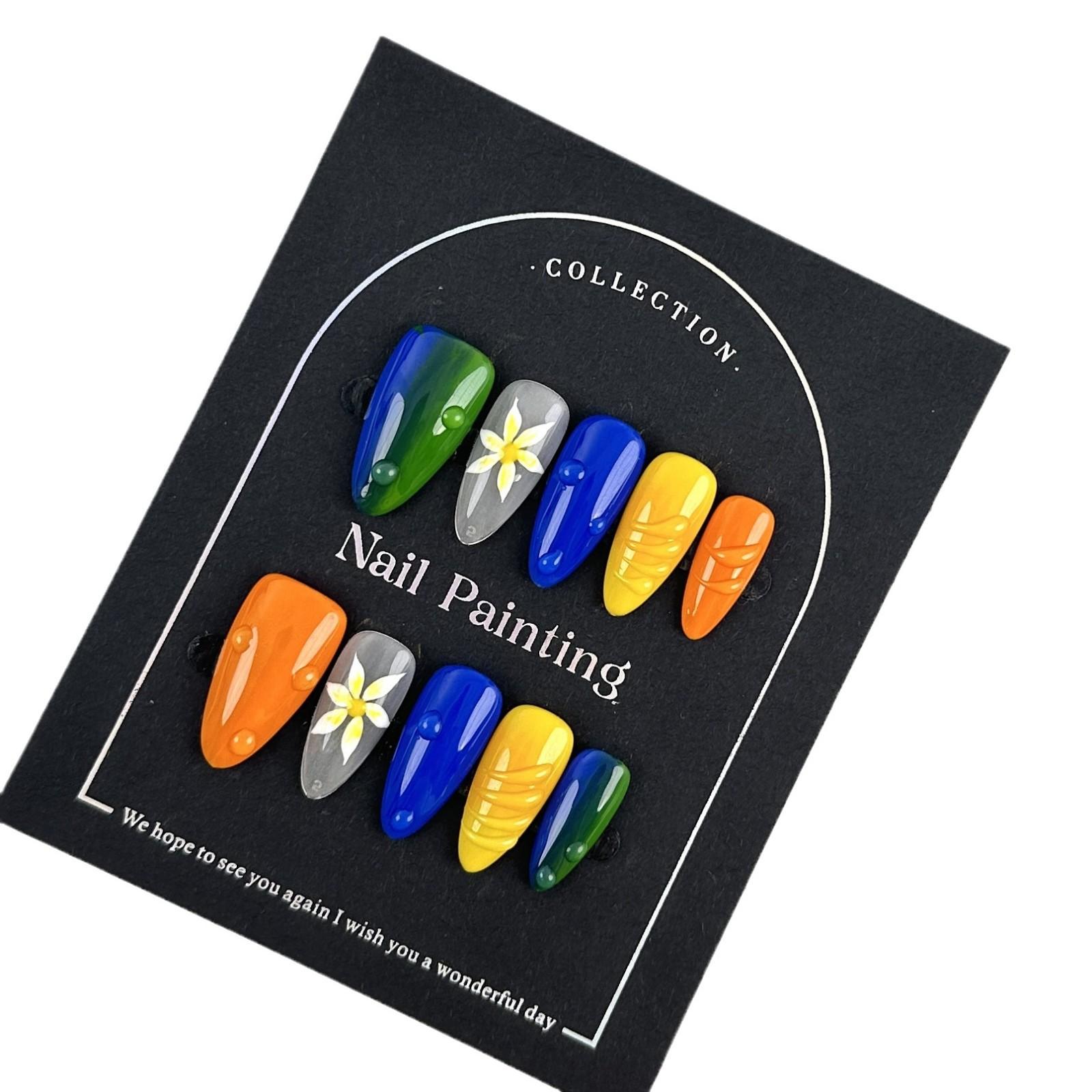 

Летний объемный дизайн Накладные ногти с нажатием Контрастный цвет Цветочный Миндалевидные накладные ногти Ручная работа Наклейки для ногтей Расписанный вручную Нейл-арт L