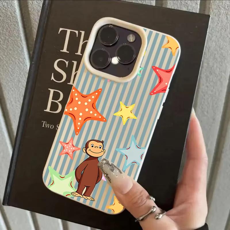 

Cute Star Monkey Stripe Design Phone Case For iPhone 17 Pro Max 16 Plus 15 Pro 14 13 12 11 XR 17Air Lychee Textur Soft Cover iPhone Air белый