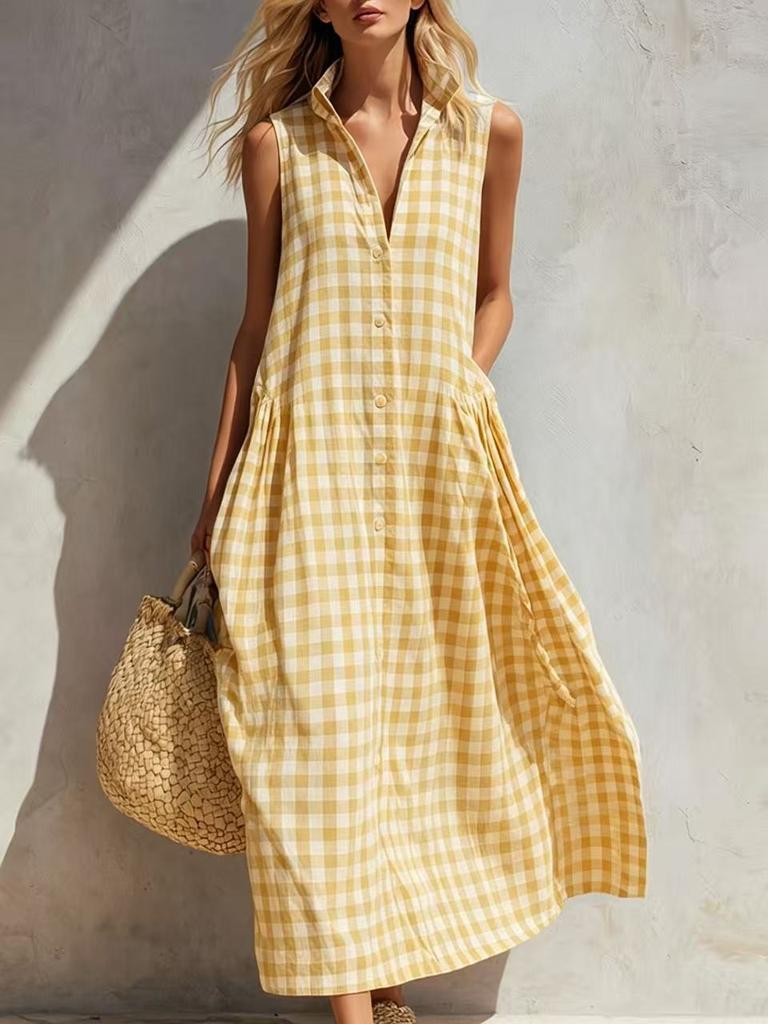 Women's Sleeveless Button Front Shirt Dress with Collar Loose Fit Blue Checkered A Line Dress