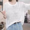 Women's Summer Loose-Fit Printed Casual Korean-Style Letter Print Lightweight Long-Sleeve T-Shirt