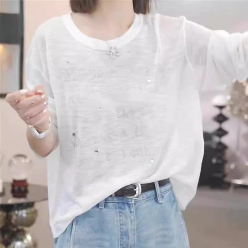 Women's Summer Loose-Fit Printed Casual Korean-Style Letter Print Lightweight Long-Sleeve T-Shirt