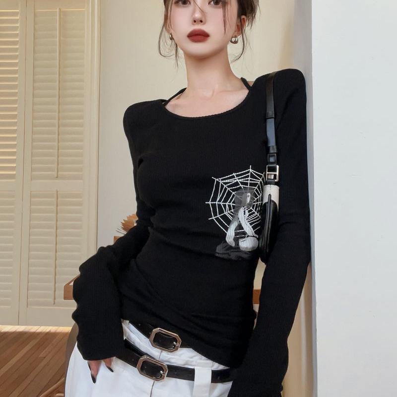 

2KWEIRD Гранж Рубчатая футболка Корейская Мода Шикарный Принт Футболка с Длинным Рукавом Kpop Fairycore Вязаная Футболка Харадзюку Уличная Одежда XL чёрный