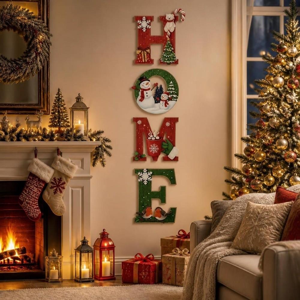 4 Pcs Self Adhesive Home Letter Decor Wooden Wall Decor Cartoon Christmas Wall Decoration Porch