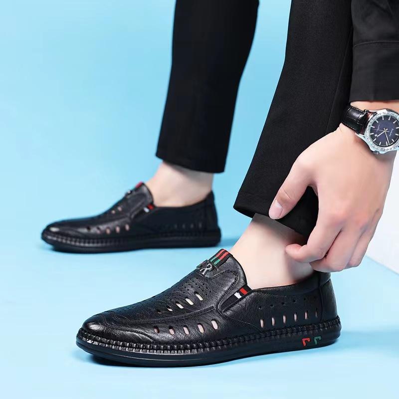 Frühling Sommer Herren Lederschuhe Hohle Atmungsaktive Bequeme Weiche Sohle Slipper Lässige Flache Schuhe