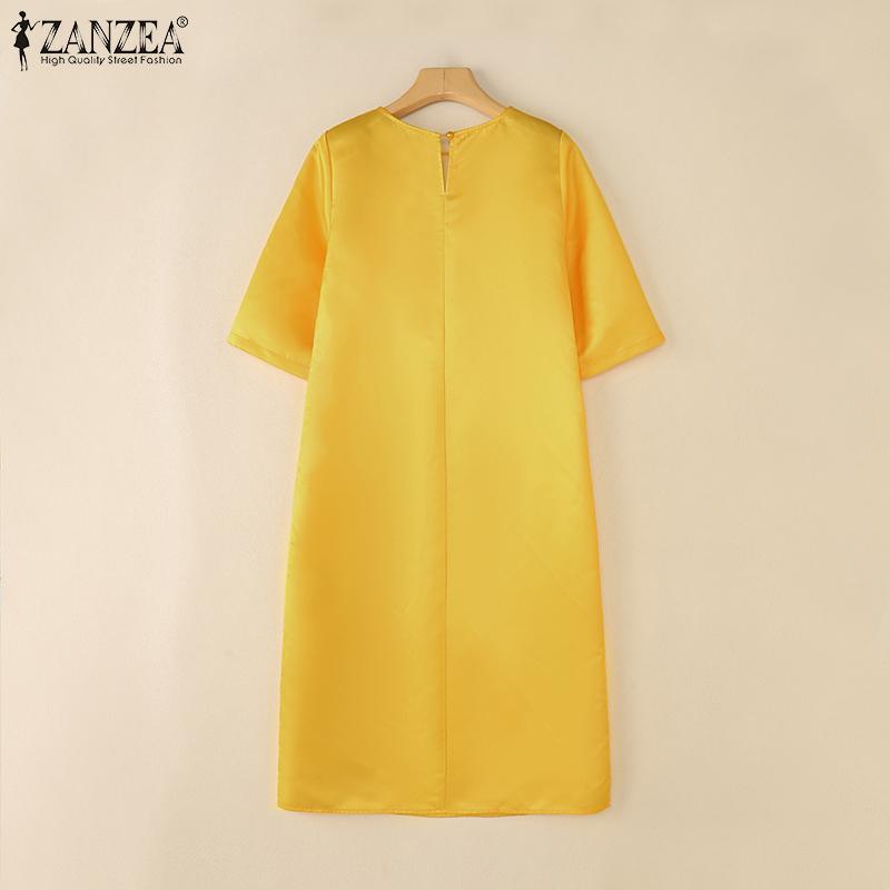 ZANZEA Women Casual Round Neck 3/4 Sleeve Loose Summer Print Dress