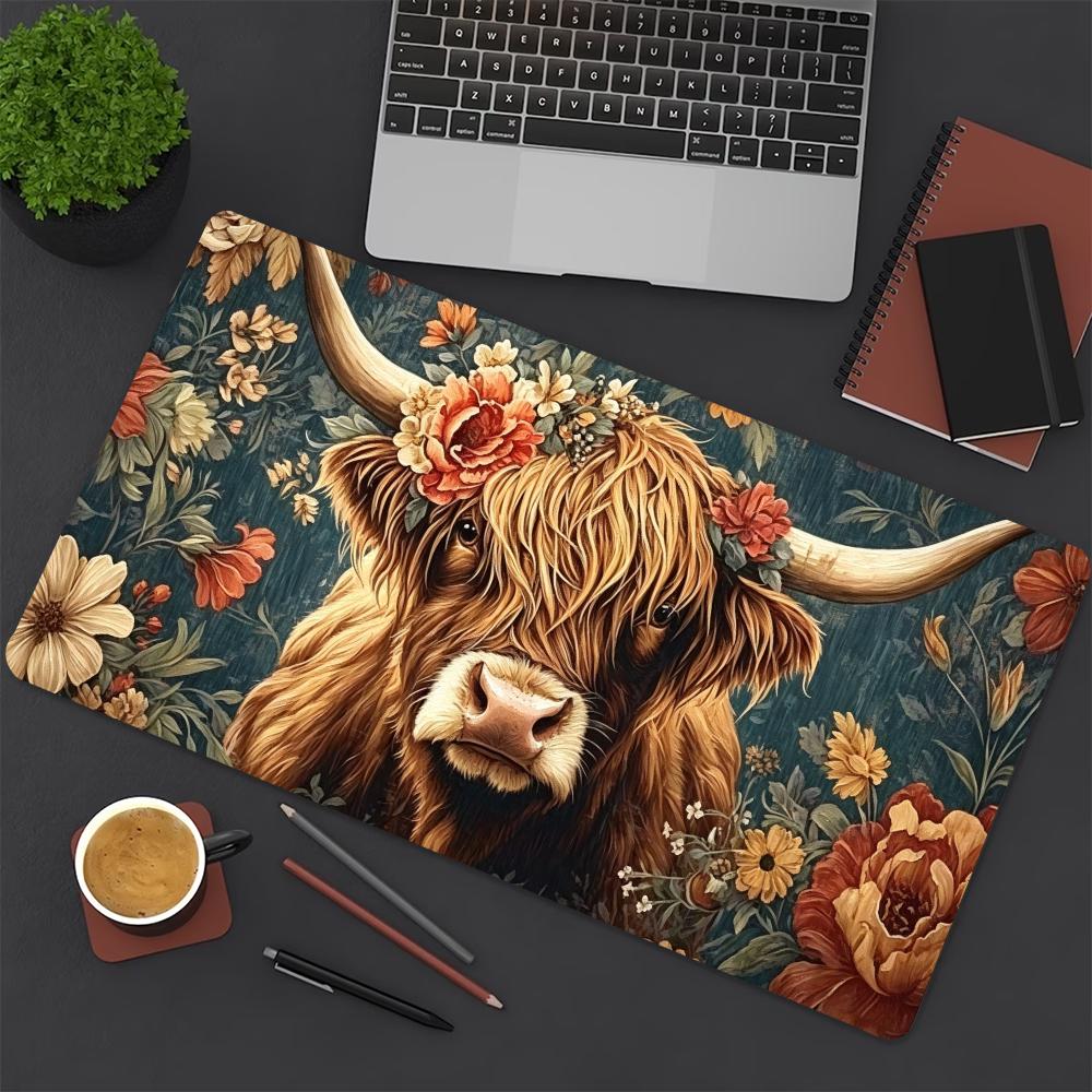 Large Extended Highland Cow Floral Mouse Pad Thick Non‑Slip Rubber Mat For Precise Mouse Control Gaming Laptop Computer Desktop