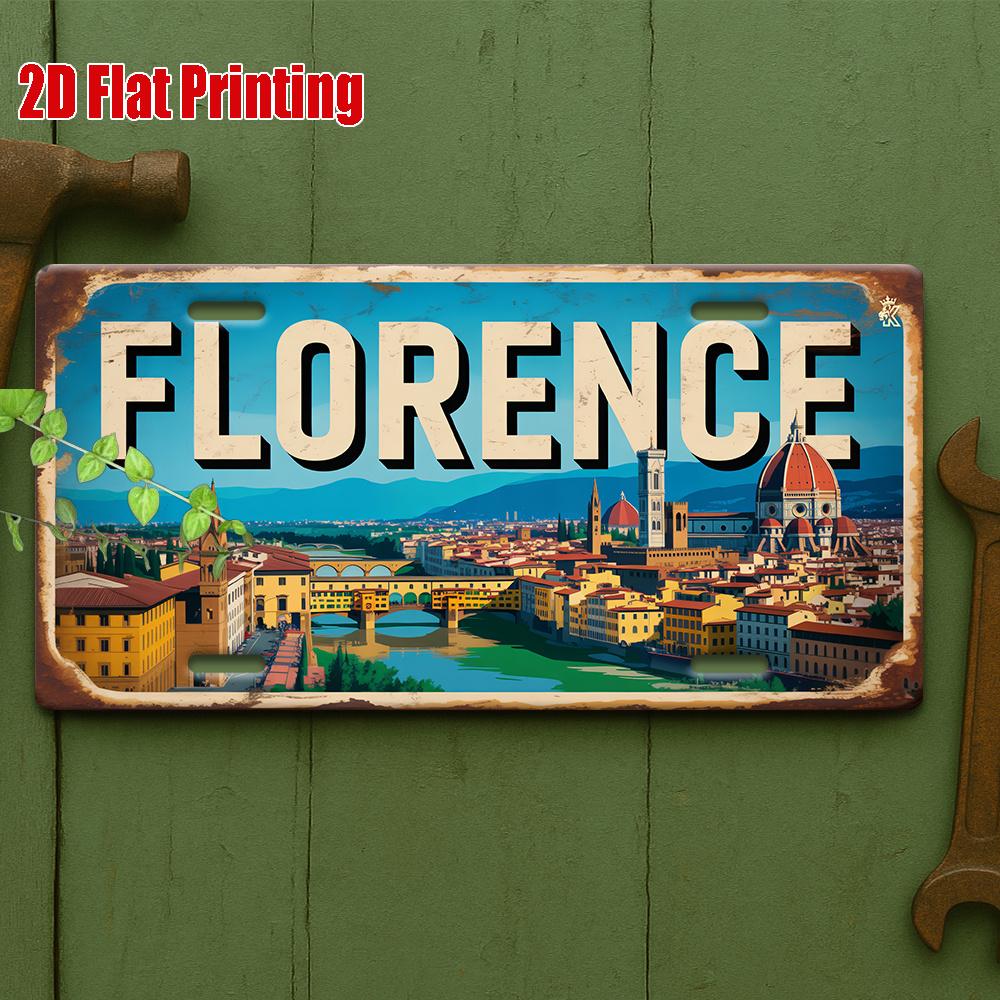2D Flat Single Pizza Cityscape Metal License Plate, Perfect for Art Studios, Book Cafes, Italian Kitchens,and Historical Corners