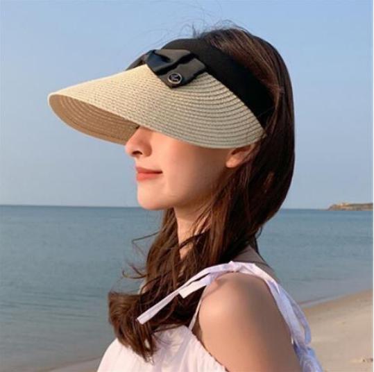 New Summer Empty Top Raffia Straw Hat Women Outdoor Travel Beach Sunscreen Anti Uv Riding Sun Hat Girl Big Brim Bow Visor Cap
