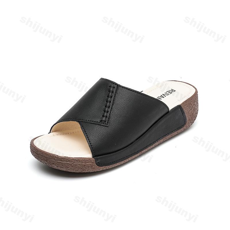 Fashion Women Leather Slippers Wedge Summer Comfortable Breathable Soft Fashion Outdoor Platform Slippers High-quality Women's Shoes