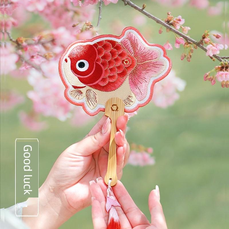 Kids Antique Fan Chinese Style Embroidery Hand-Cranked Dance Performance Koi Lotus Handmade Circular Fan Girl Han Chinese Clothing Accessories